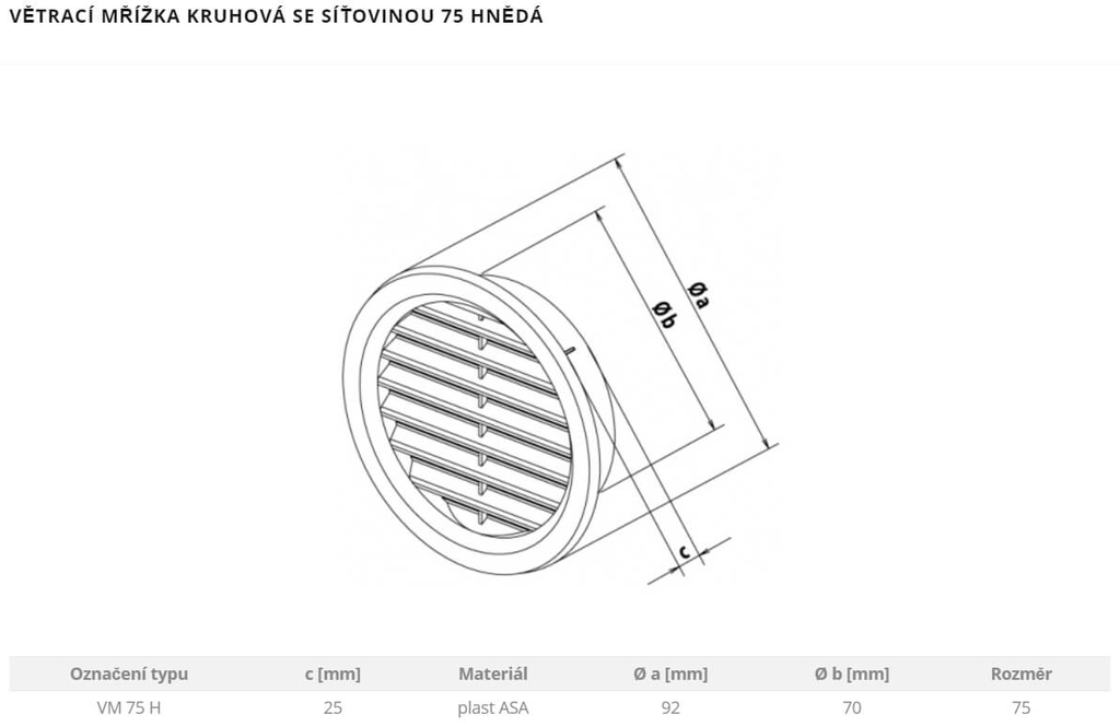 Mřížka větrací kruhová pr. 75 mm se síť...